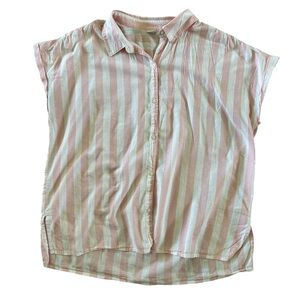 Old Navy Women’s L Pink White Striped Button Down Top Loose Sleeves Lightweight